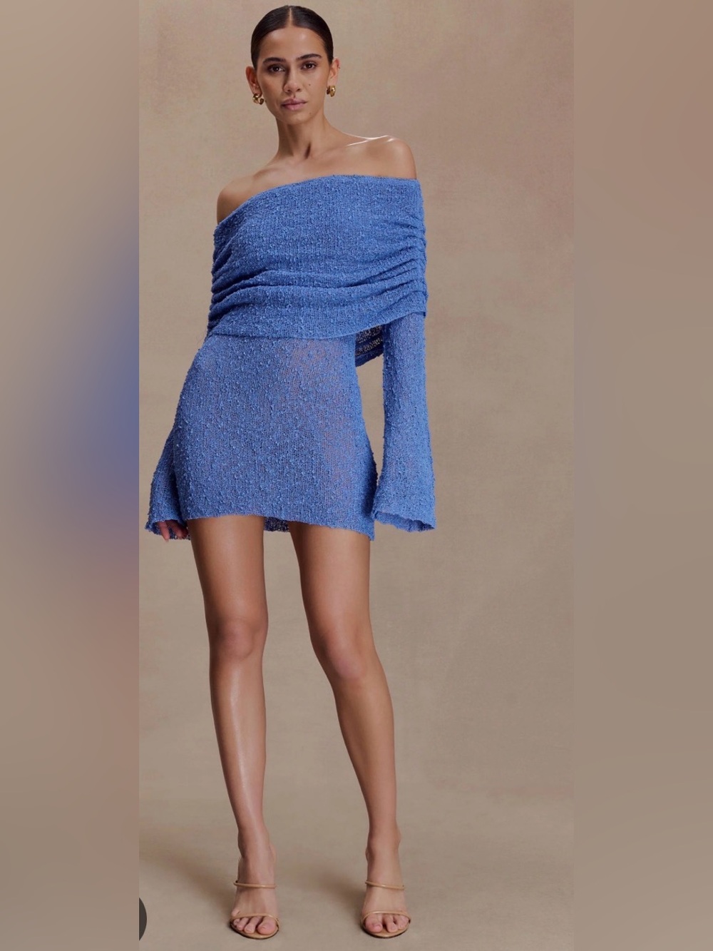 Meshki Marisol Blue Bouclé Off The Shoulders Mini Dress